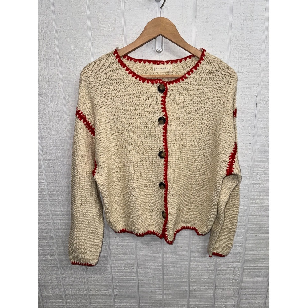 By Together Cardigan Women Small Cream Red Crochet Whipstitch Button Sweater S
